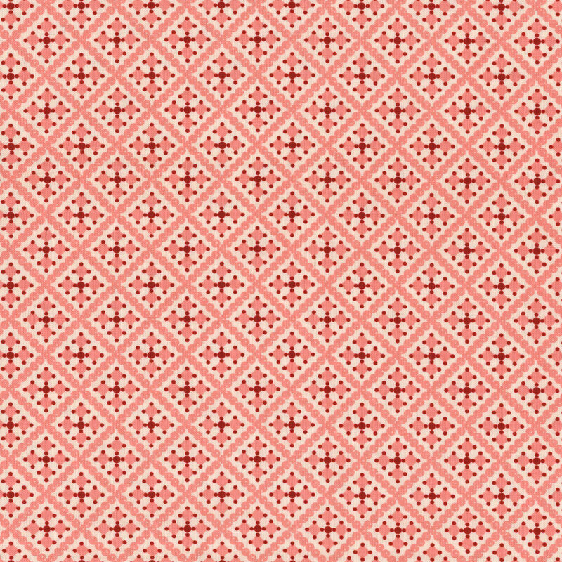 A repeating pattern of pink and white diamonds with star shapes in each diamond.