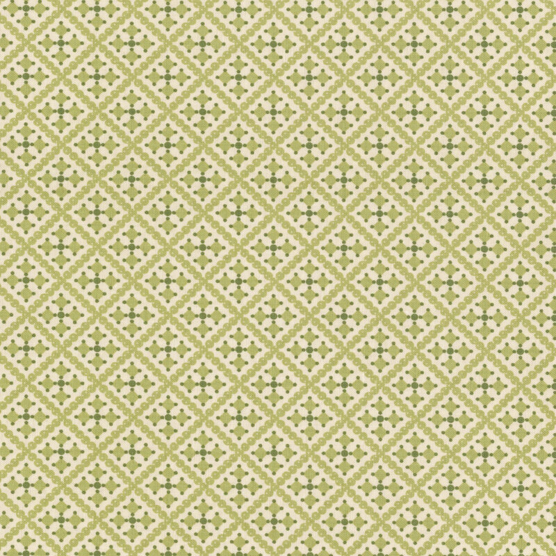 A repeating pattern of green and white diamonds with star shapes in each diamond.