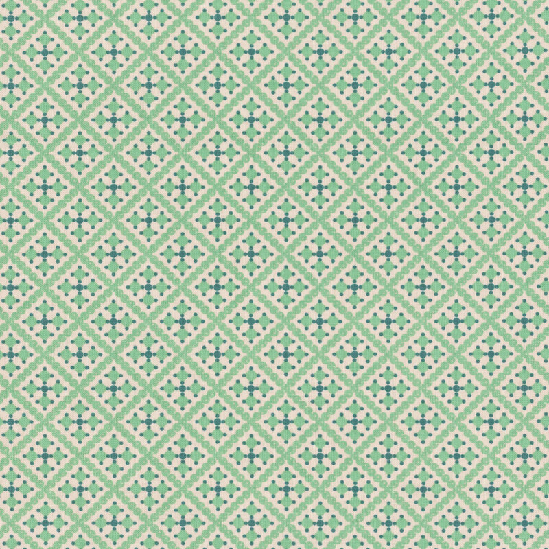 A repeating pattern of aqua and white diamonds with star shapes in each diamond.