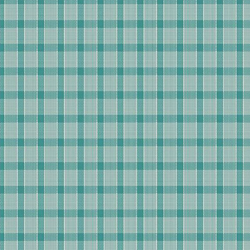 Fabric with a teal plaid design with thin white lines.