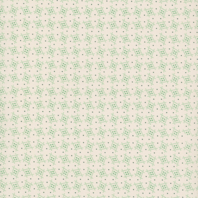 Repeating pattern of light-colored geometric shapes with green and blue accents on a beige background.