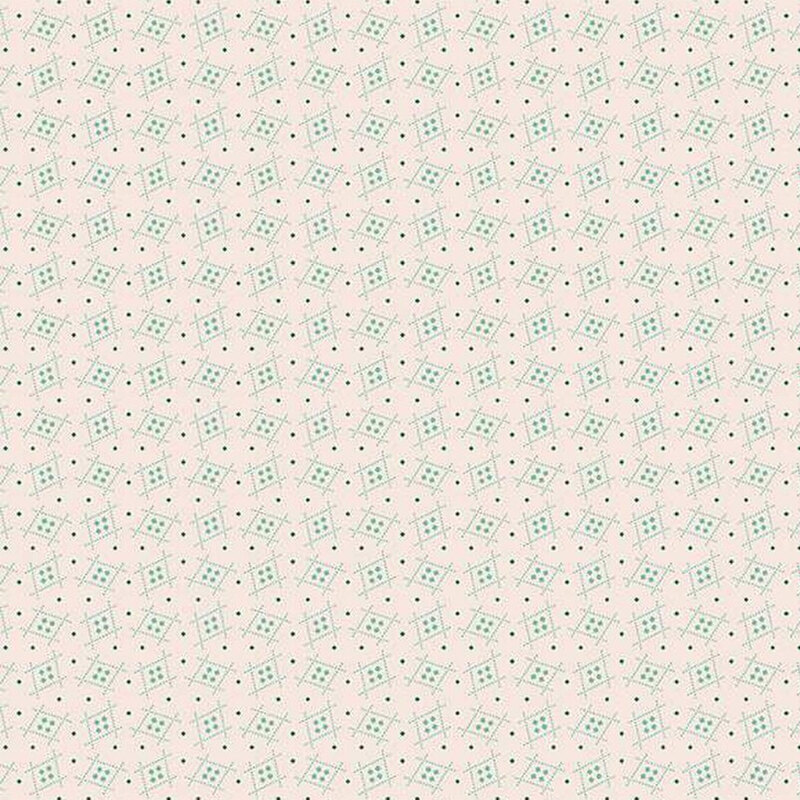 Repeating pattern of light-colored geometric shapes with green and blue accents on a beige background.