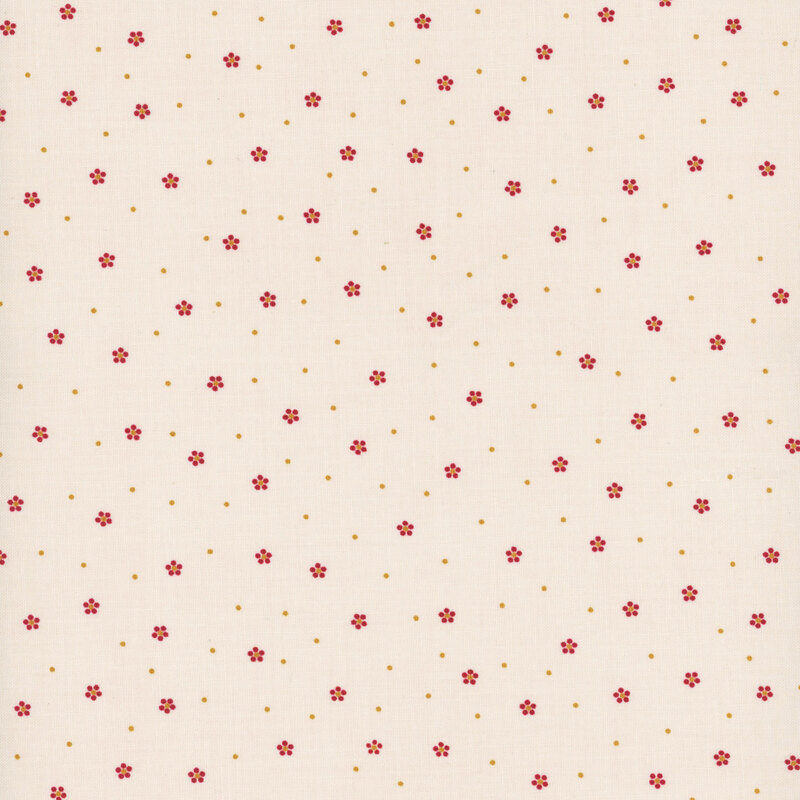 A light beige background adorned with small red flowers and golden dots, evenly spaced throughout.