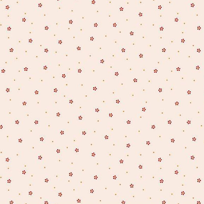 A light beige background adorned with small red flowers and golden dots, evenly spaced throughout.