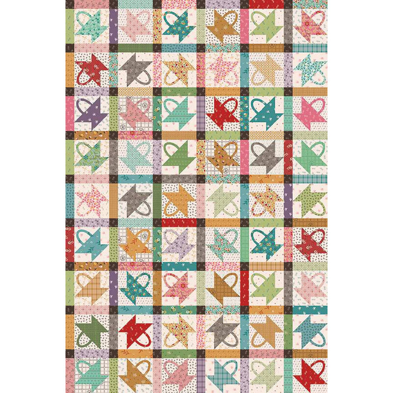 A vibrant patchwork design featuring various patterns and basket shapes in different colors.