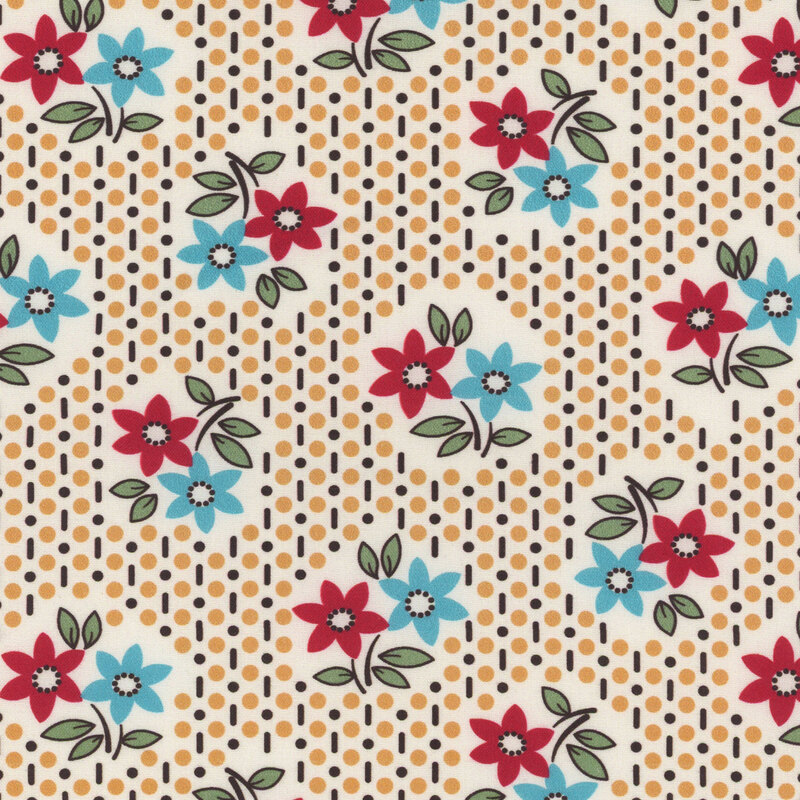 Floral fabric featuring red and turquoise flowers on a cream background with dotted accents.