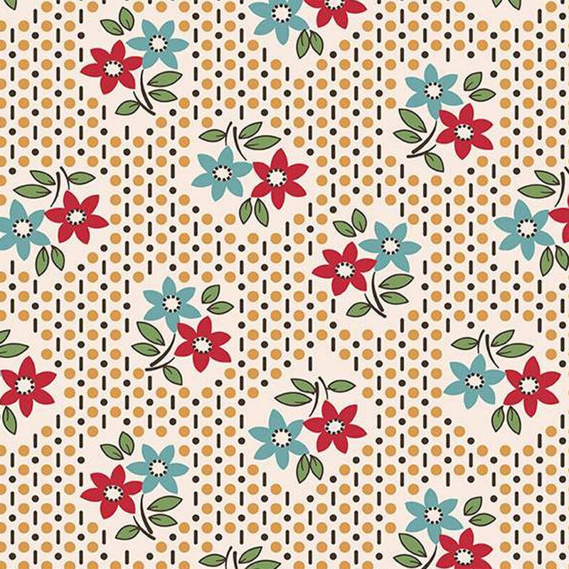 Floral fabric featuring red and turquoise flowers on a cream background with dotted accents.