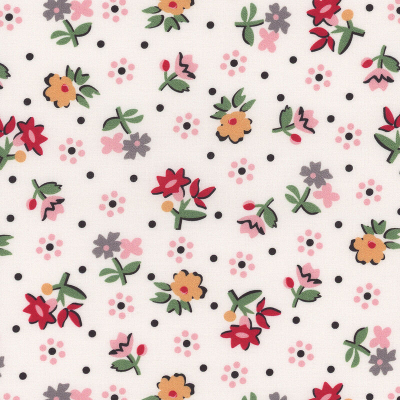 A light pink background with a scattered floral pattern in red, yellow, pink, and red, interspersed with black dots.