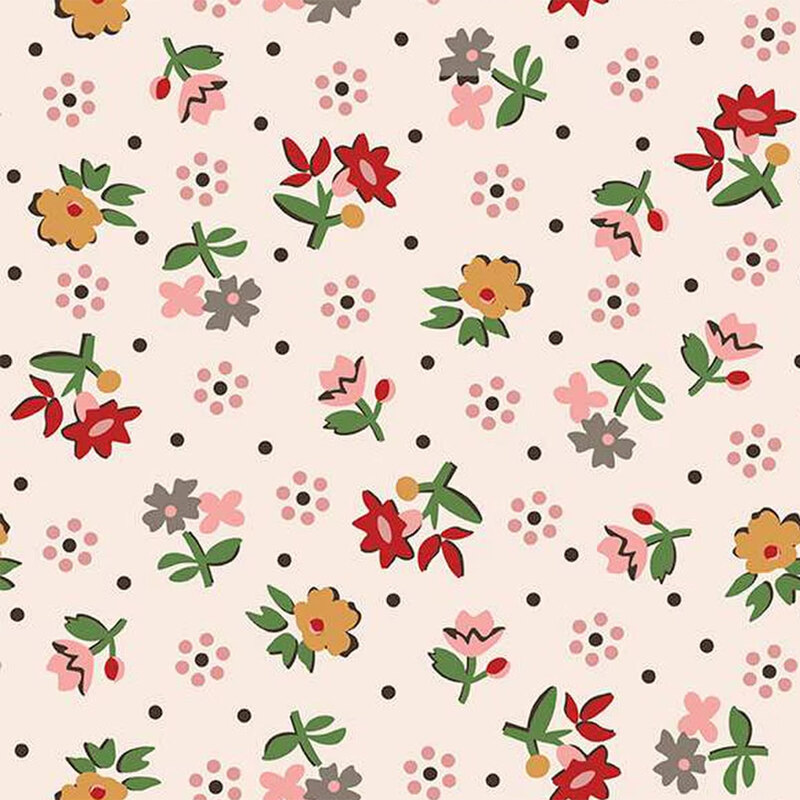 A light pink background with a scattered floral pattern in red, yellow, pink, and green, interspersed with black dots.