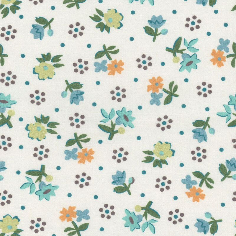 Pattern of flowers and dots in blue, orange, and brown on a cream background.