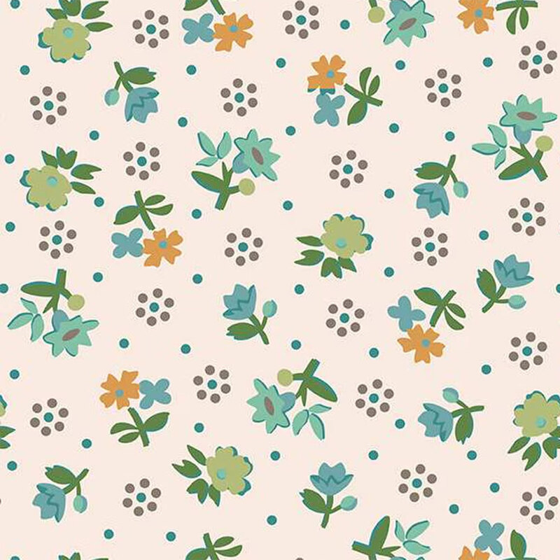 Light beige background with a scattered pattern of colorful flowers and small dots.