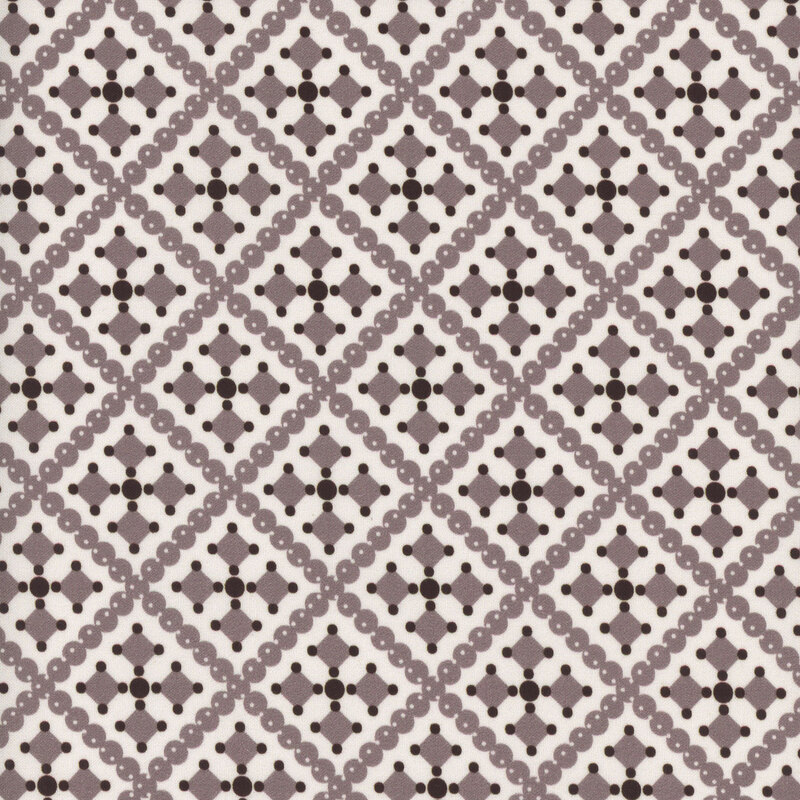 Geometric pattern with diamond shapes and circular accents in neutral tones.