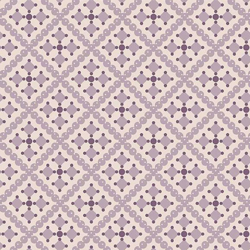 A repeating geometric pattern of diamonds and circles in soft lilac and cream hues.