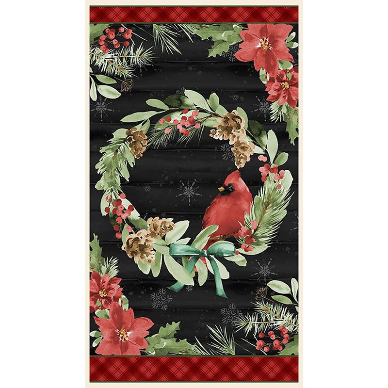 A fabric panel featuring a wreath with a red cardinal perched in the center, and bordered by poinsettias and greenery