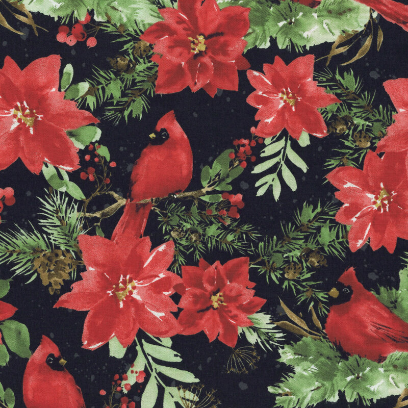 A pattern featuring red cardinals and poinsettias on a dark black background with green foliage.