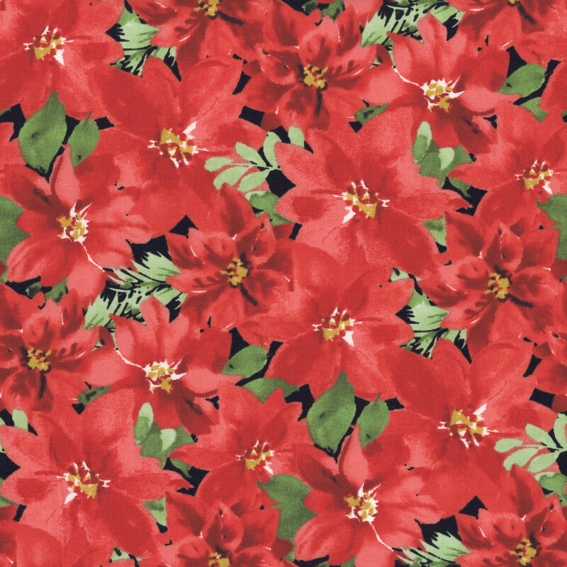 A packed pattern of red poinsettia flowers with green leaves on a black background.