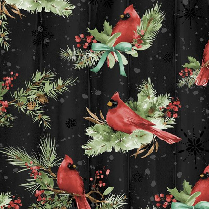 Fabric featuring red cardinals perched amidst pine branches and greenery on a black background.