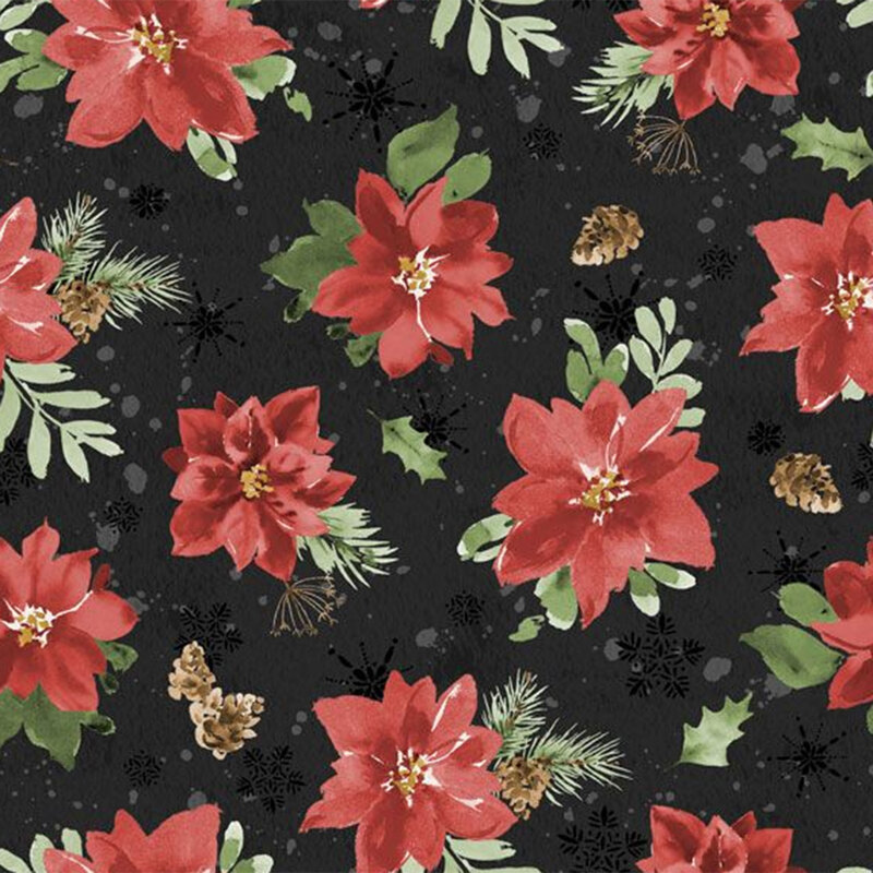 A dark black fabric featuring a pattern of red poinsettias, green leaves, and pinecones.