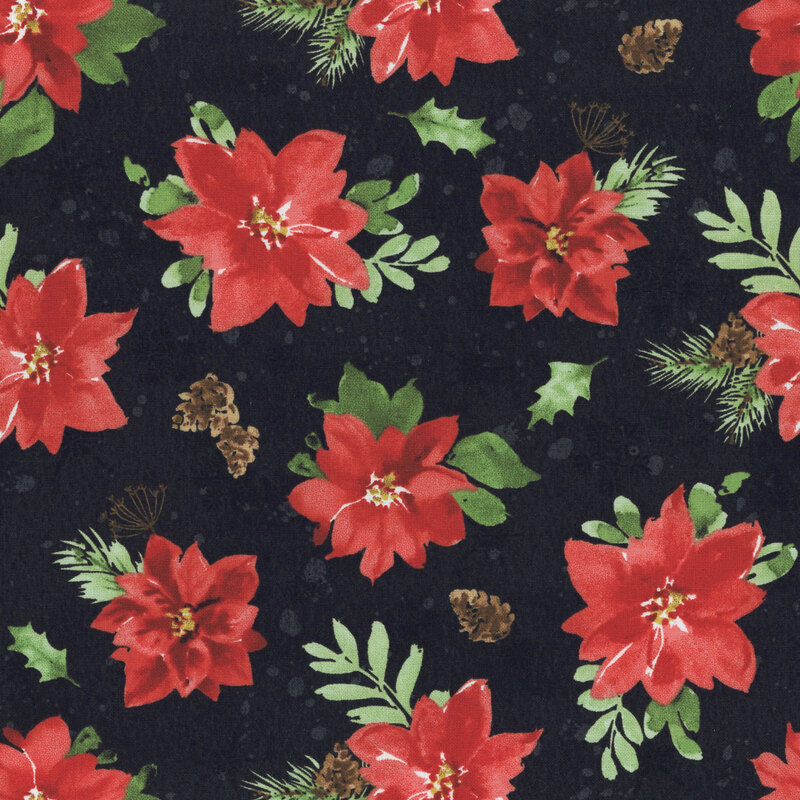 A dark black fabric featuring a pattern of red poinsettias, green leaves, and pinecones.