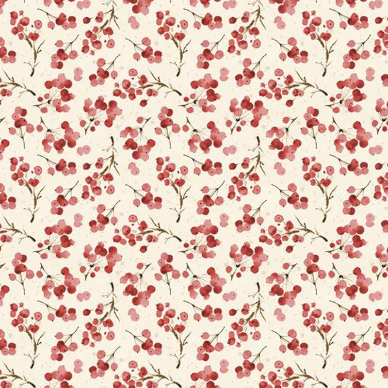 A repeating pattern of clusters of red berries on a light cream background.