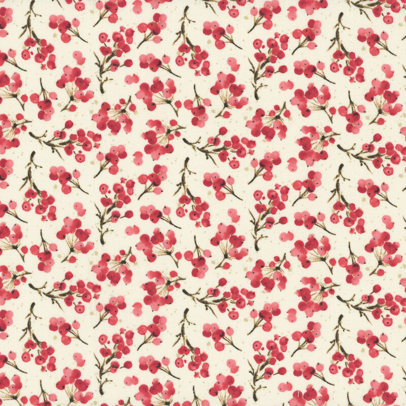 A repeating pattern of clusters of red berries on a light cream background.