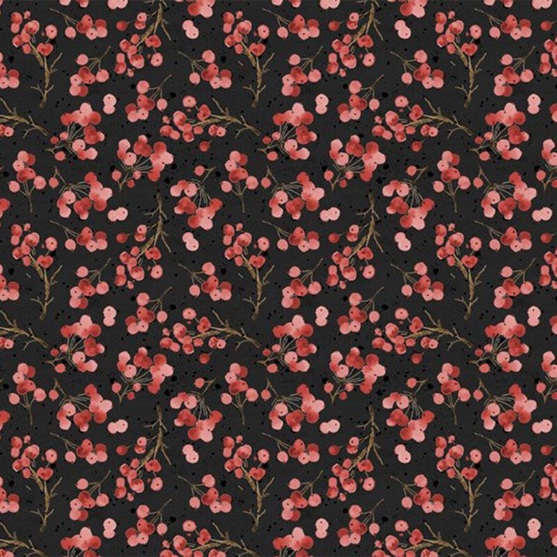 Black fabric featuring clusters of red berries and pine sprigs