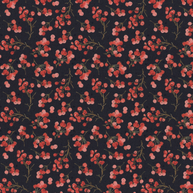 Black fabric featuring clusters of red berries and pine sprigs