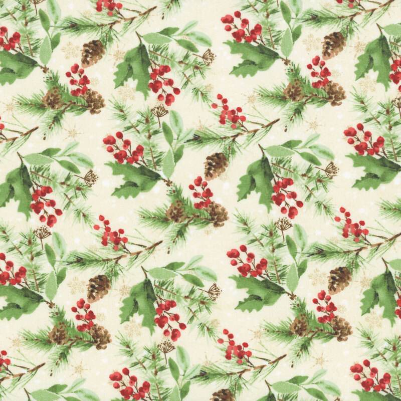 Fabric featuring a pattern of pinecones, holly, and red berries on a light cream background.
