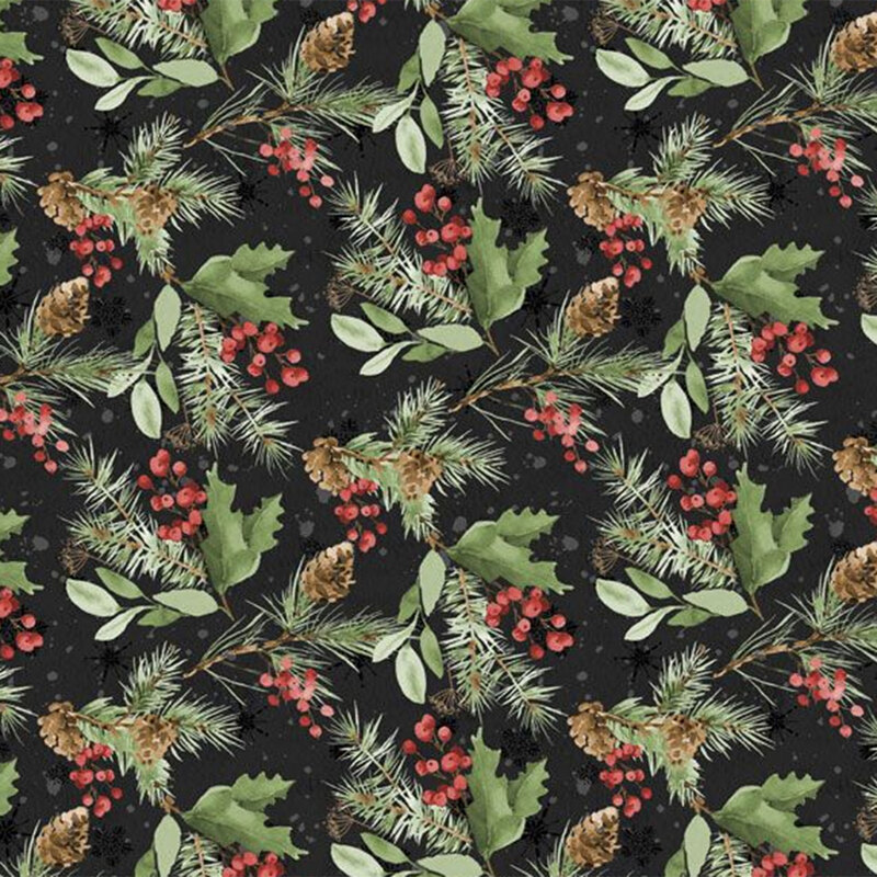 Fabric with a seamless pattern of pine sprigs, red berries, and pinecones on a dark black background.