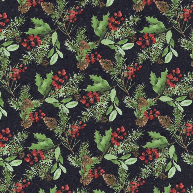 Fabric with a seamless pattern of pine sprigs, red berries, and pinecones on a dark black background.