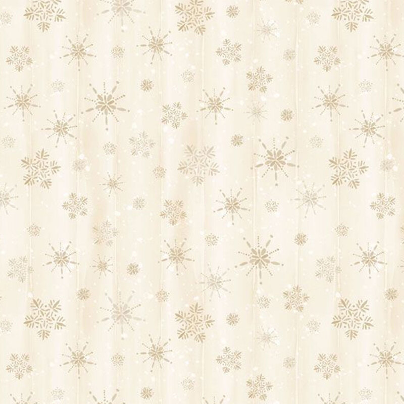 A light cream background with scattered snowflake patterns and subtle vertical wood grain stripes.