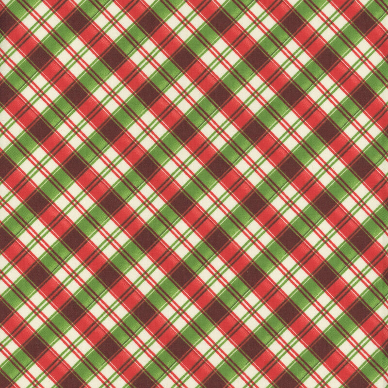 Red and green plaid pattern with interwoven white lines, creating a festive design.