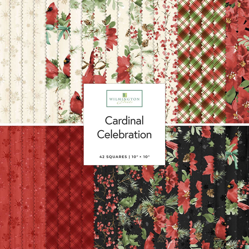 A collage of fabric squares in red, black, and cream patterns featuring cardinals, flowers, and plaid.