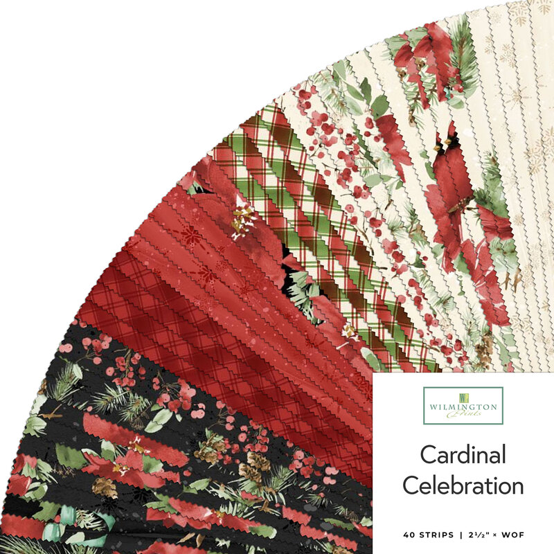 Colorful fabric strips arranged in a fan shape, labeled Cardinal Celebration, featuring holiday patterns.