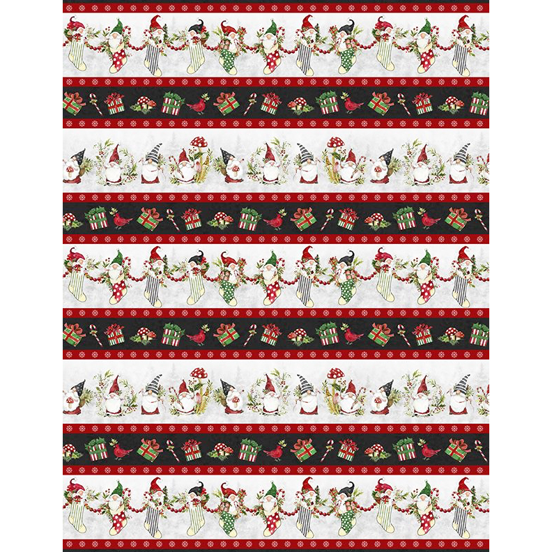 Christmas fabric with alternating rows of gnomes, gifts, and holiday decorations.