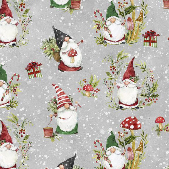 Fabric with whimsical gnomes with various hats, mushrooms, and gifts on a grey background with snowflakes.