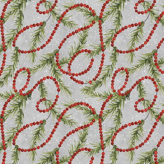 Red and green holiday-themed fabric featuring red beads and pine leaves on a light background.