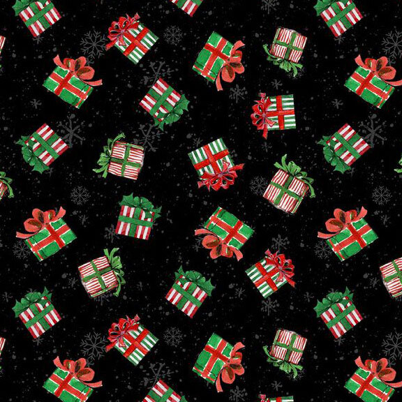 A pattern of festive holiday presents in red and green on a black fabric, with bows and snowflakes.