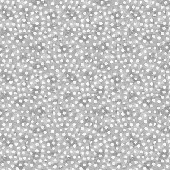 A mottled gray fabric with scattered white polka dots of varying sizes.