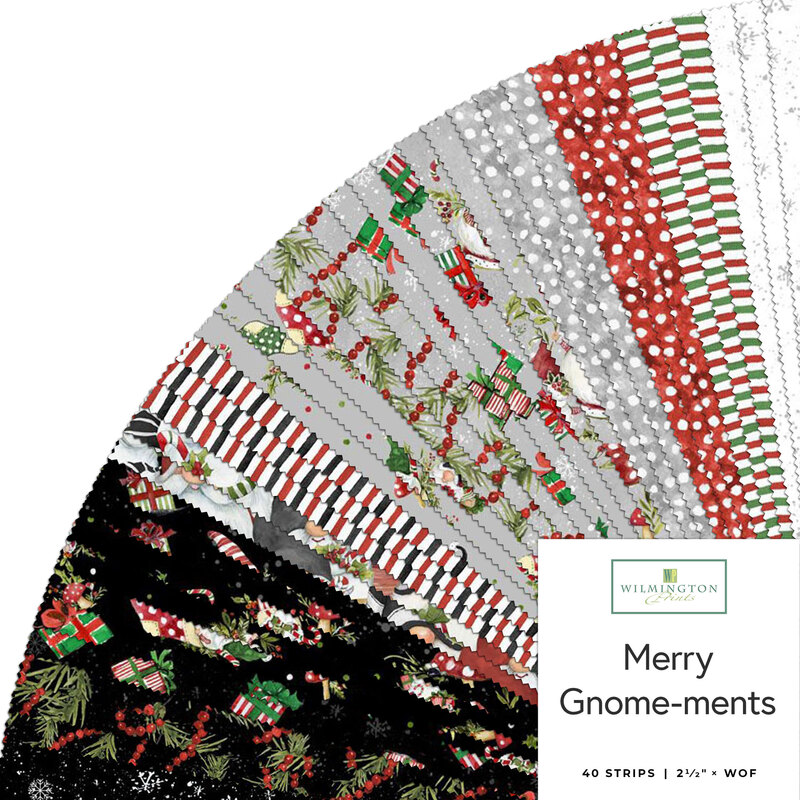 Colorful fabric strips featuring holiday patterns, labeled Merry Gnome-ments, in a fan layout.