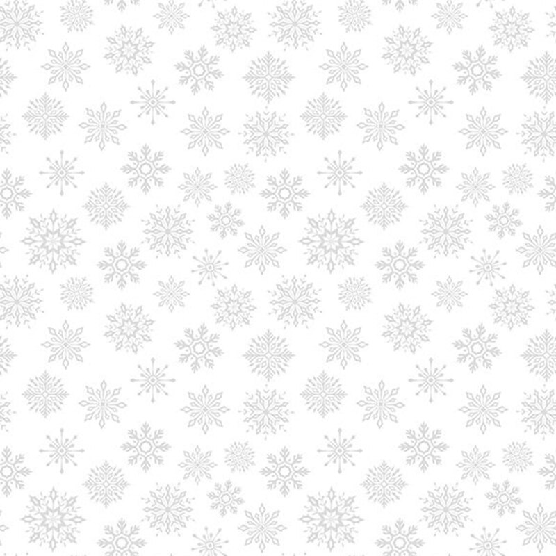 Gray silhouettes of snowflakes in various styles scattered on a white background