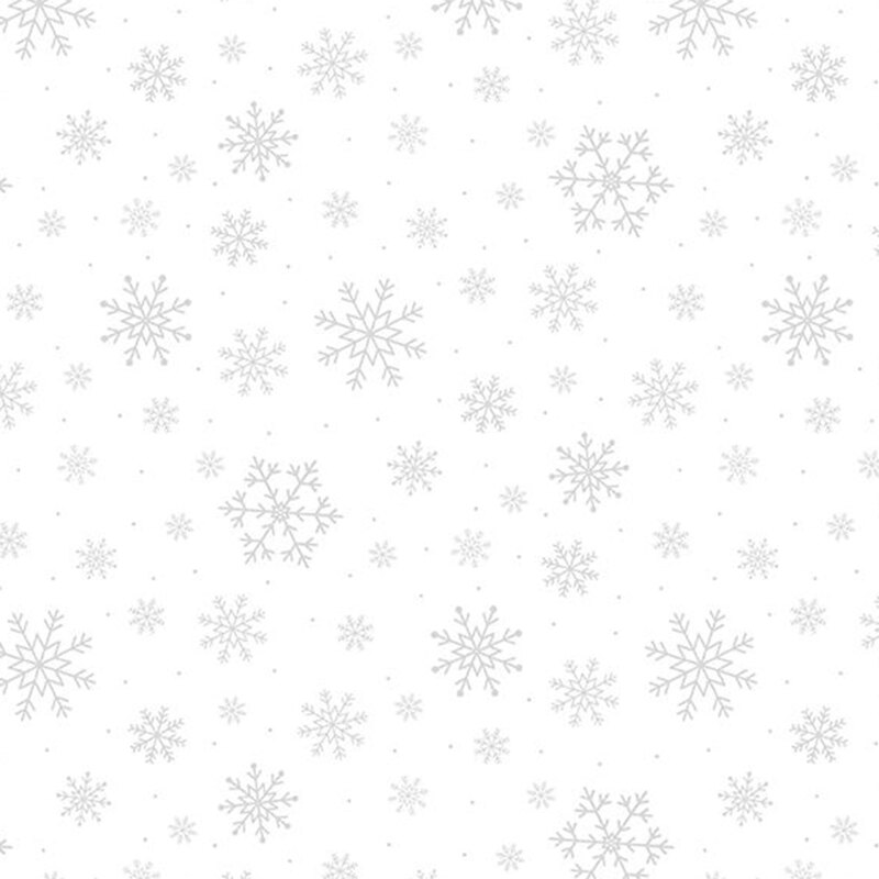 Gray snowflakes in various sizes scattered on a white background