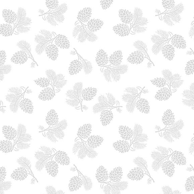 Gray silhouettes of pine sprigs and pinecones scattered on a white background