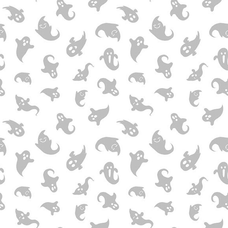 Pattern of small, gray ghost illustrations on a white background, evenly spaced throughout.