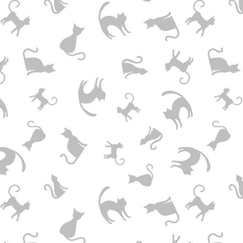 A pattern of various gray cat silhouettes on a white background.