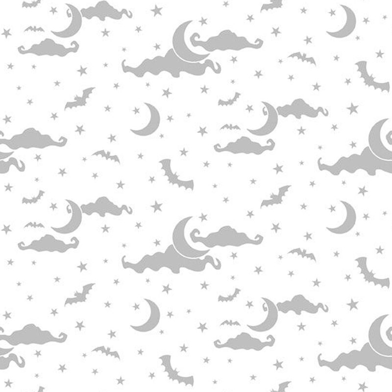 Gray whimsical pattern featuring moons, clouds, bats, and stars on a white background.