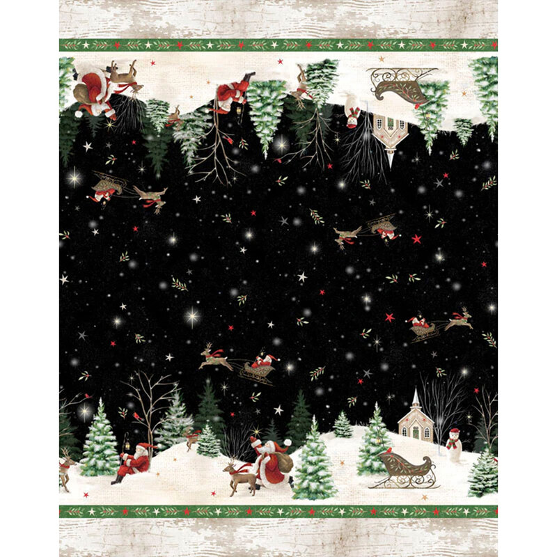 A border stripe fabric of Santa and his reindeer in various scenes in a winter forest.