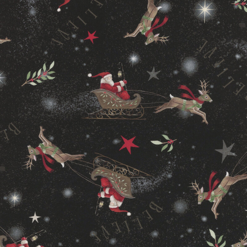 Black fabric with tossed Santas flying his sleigh with a reindeer on a starry background.