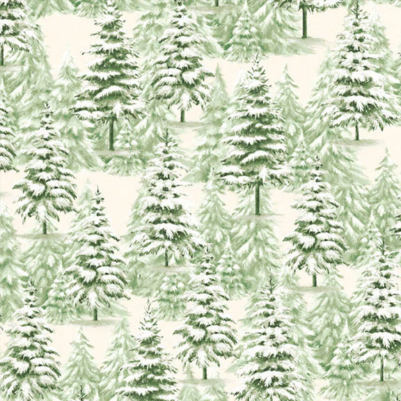 Cream fabric with a forest of green snow-covered trees on a tonal tree background.