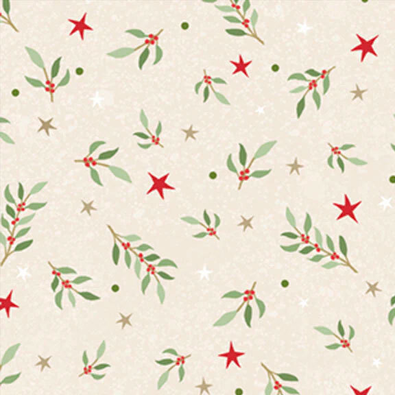 Cream fabric with tossed stars, polka dots, and sprigs of mistletoe on a textured background.